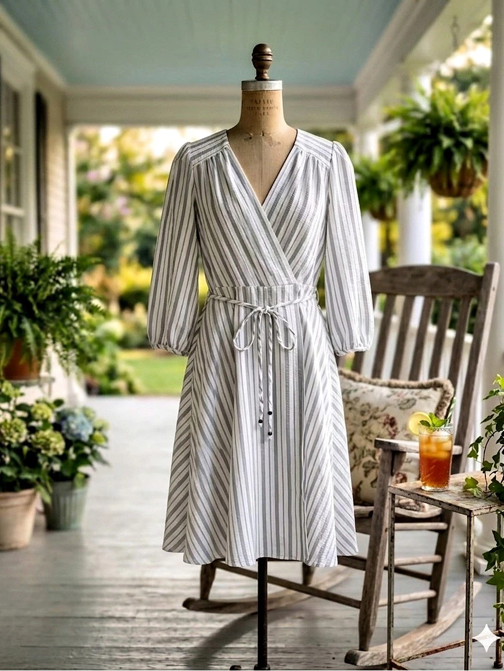 Calvin Klein Striped Seersucker Faux Wrap Midi Dress White & Gray Size 10 Like